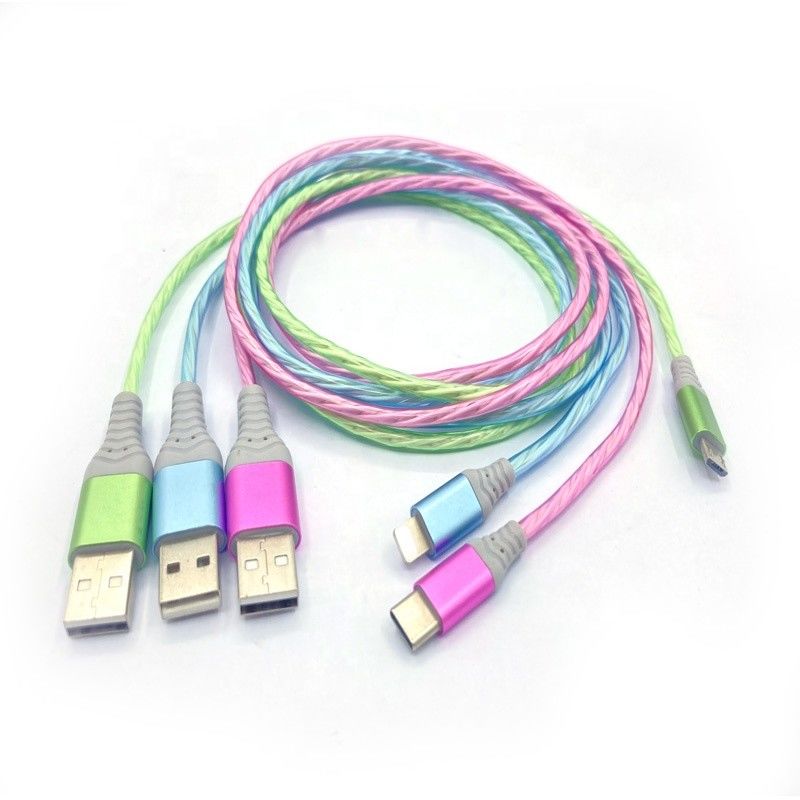کابل شارژ سریع 3 در 1 نوع C 3A LED رنگارنگ کابل USB شارژر لایتنینگ کابل چشمک زن
