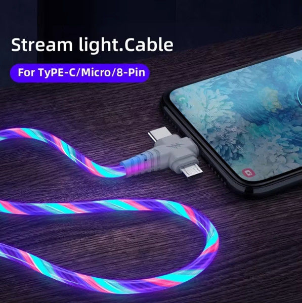 کابل 3in1 Flow Lighting usb برای سامسونگ 3 در 1 2in1 LED Micro USB Type C شارژر 8Pin سیم برای آیفون هواوی شیائومی