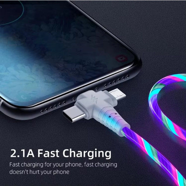 کابل 3in1 Flow Lighting usb برای سامسونگ 3 در 1 2in1 LED Micro USB Type C شارژر 8Pin سیم برای آیفون هواوی شیائومی